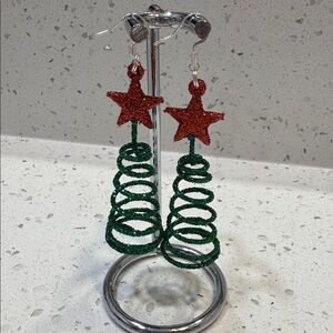 Festive Red Star and Green Tree Earrings